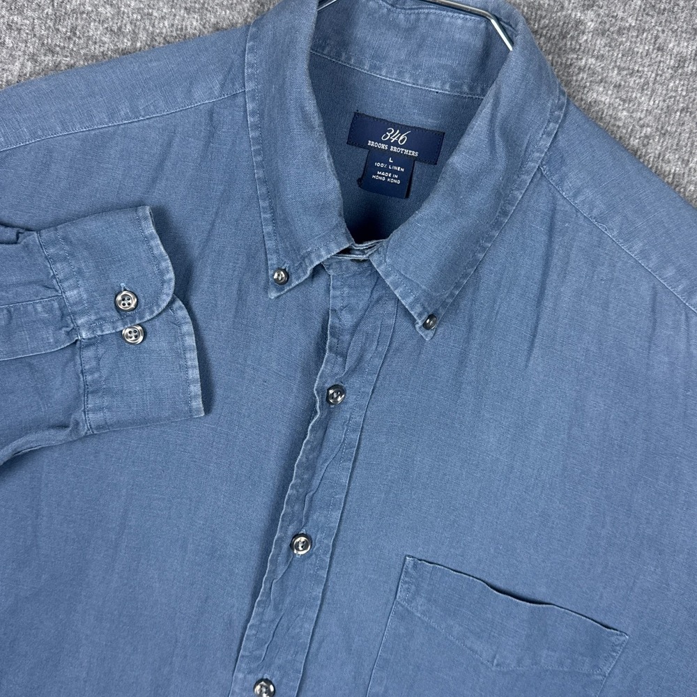 Vintage Brooks Brothers 346 Shirt Mens Large Blue Linen Long Sleeve‎ Hong Kong